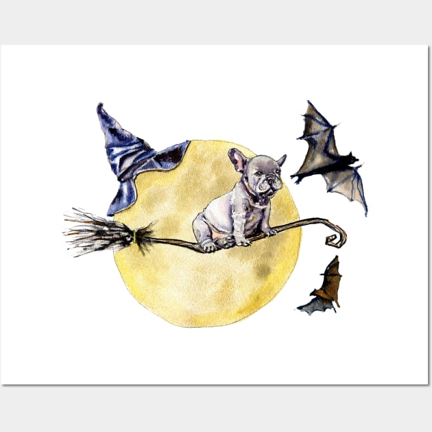 Halloween theme bulldog on a broomstick Wall Art by victoriazavyalova_art